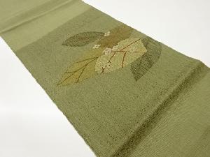 手織り紬花に葉模様織出し名古屋帯